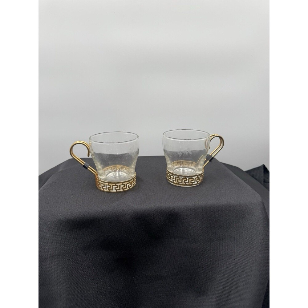 Libbey Glass Greek Key Espresso Coffee Cup Metal Holder Continental Set Of 2